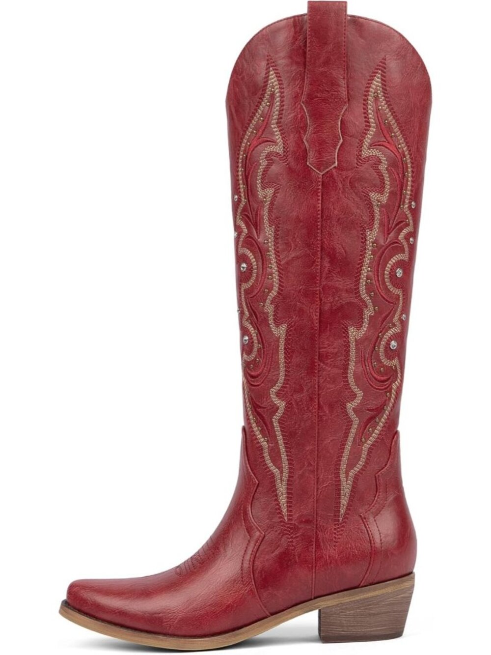 Women's Red Leather Cowgirl Boot Almond Toe Side Zipper With Chunky Heel